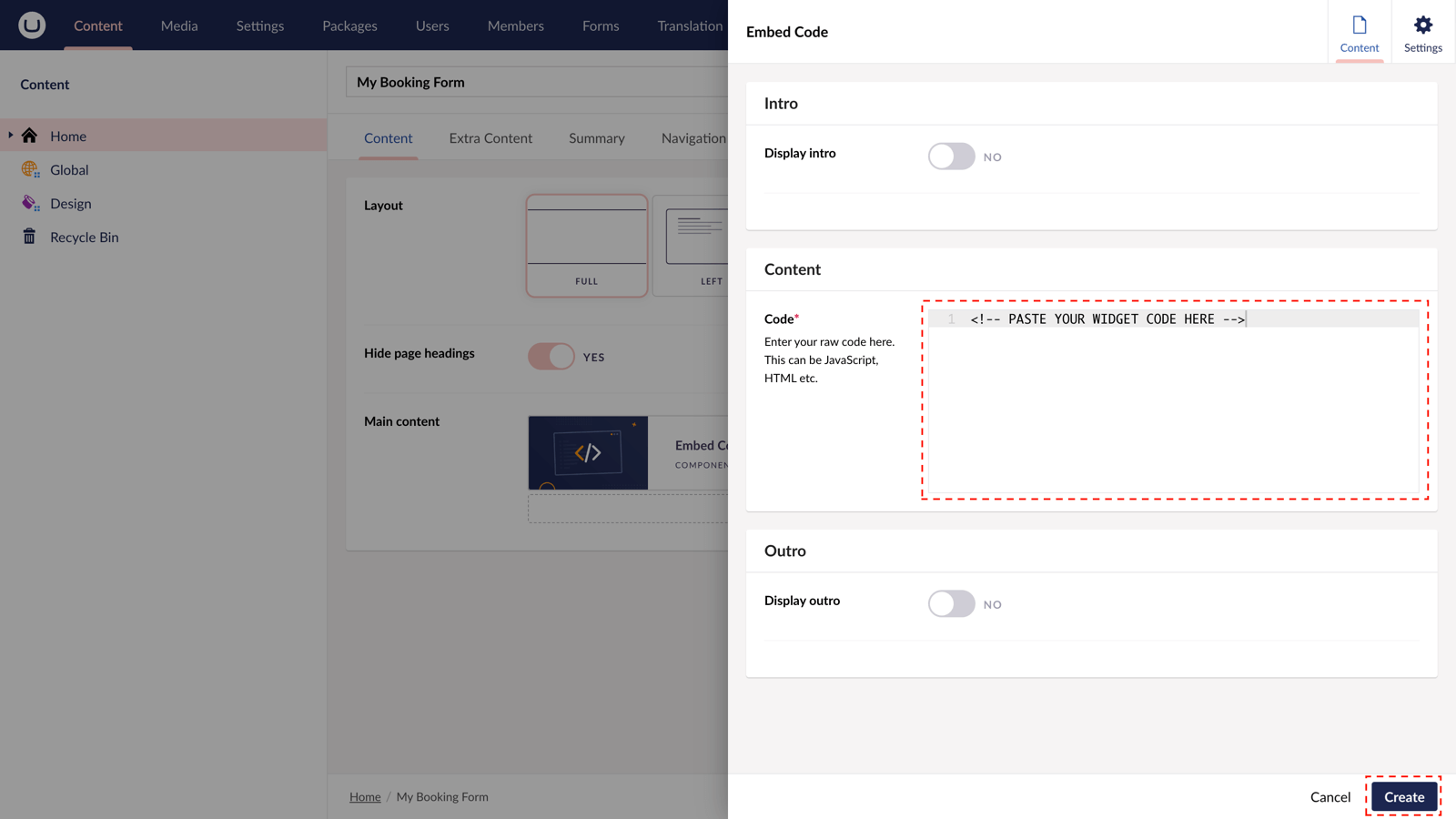 Paste your booking widget embed code into the field provided.