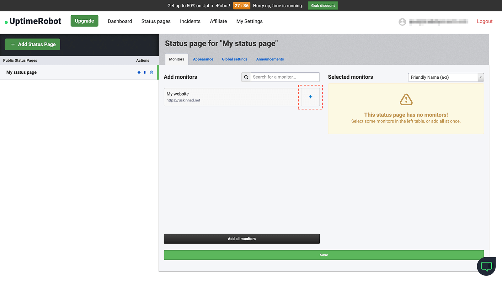 Add monitors to your Uptime Robot status page.