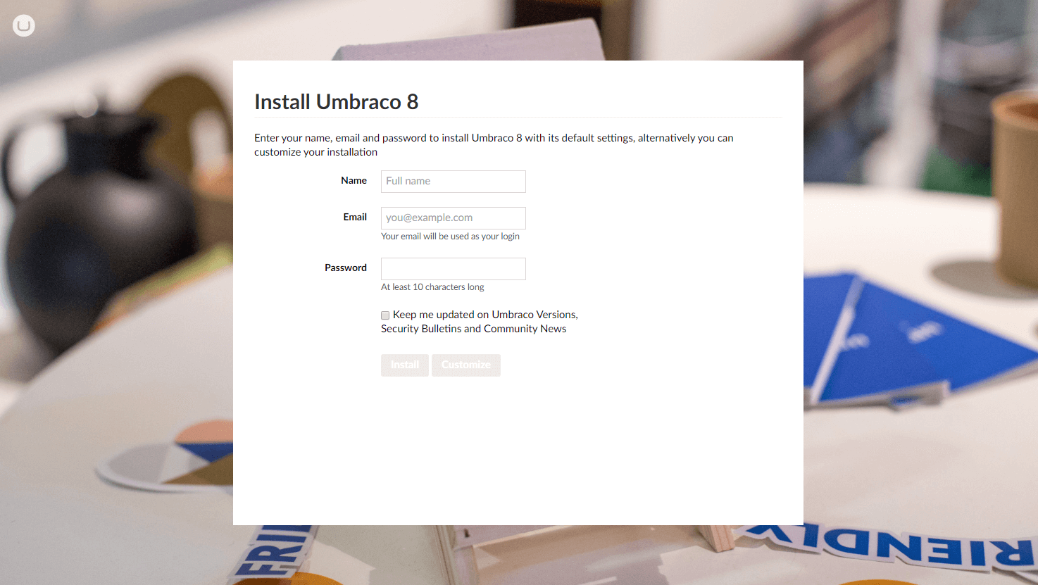 Umbraco CMS installation screen open in browser.
