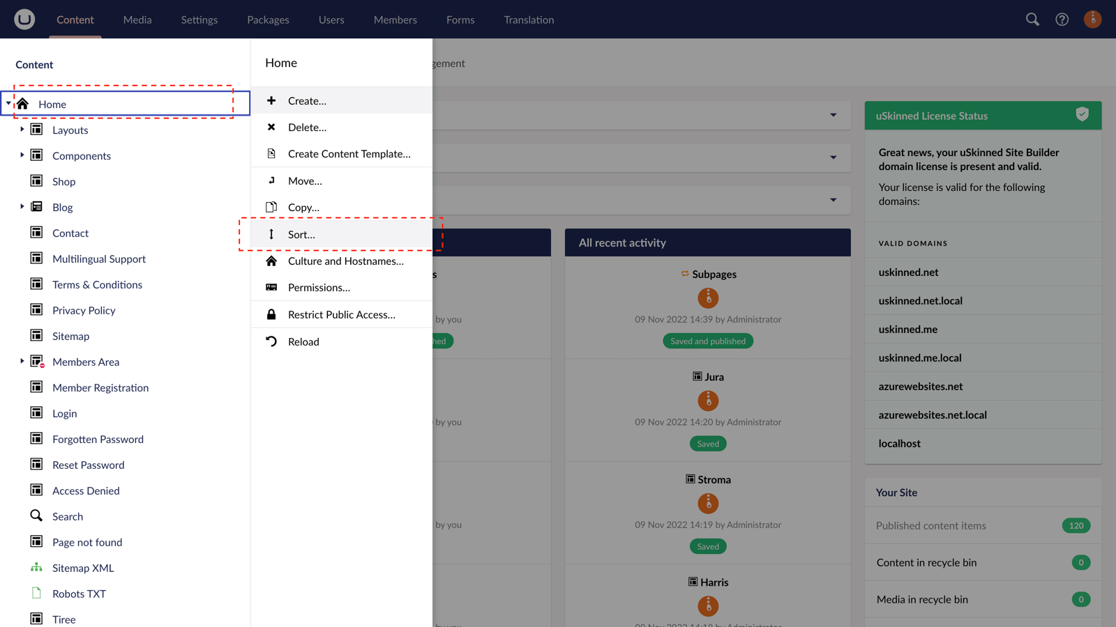 Sort the order of nodes in uSkinned for Umbraco CMS.