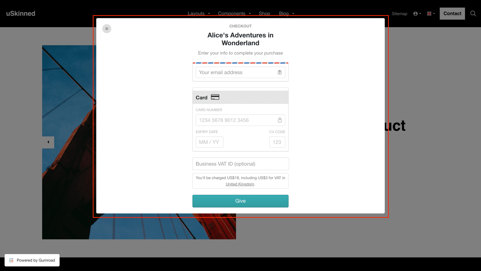 Gumroad checkout opens in a modal window.