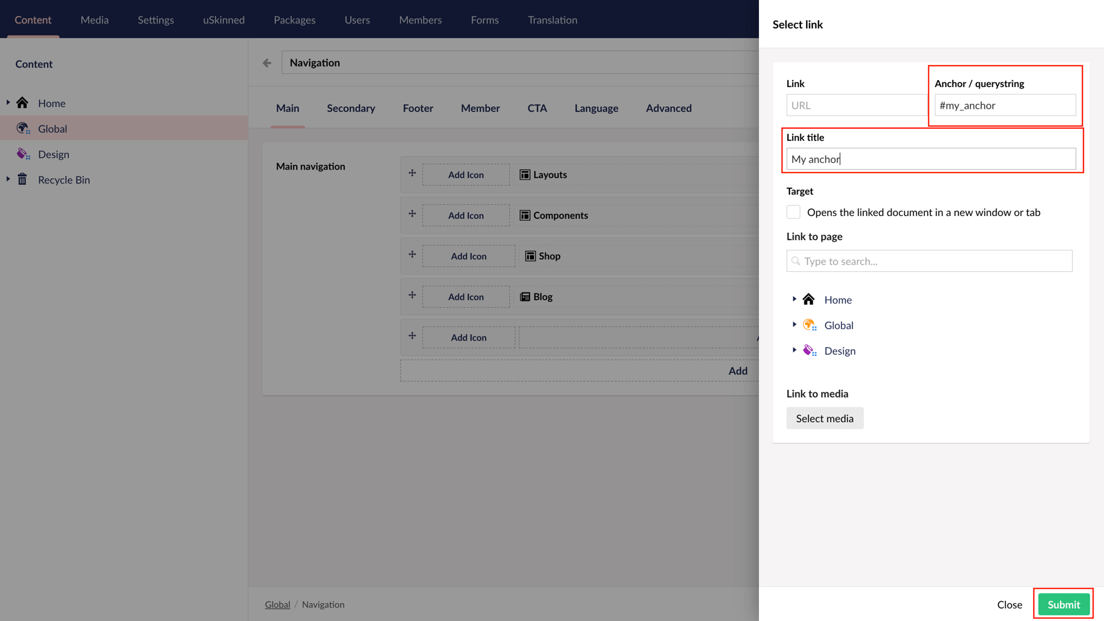 Link to a unique anchor ID from your navigation in Umbraco.