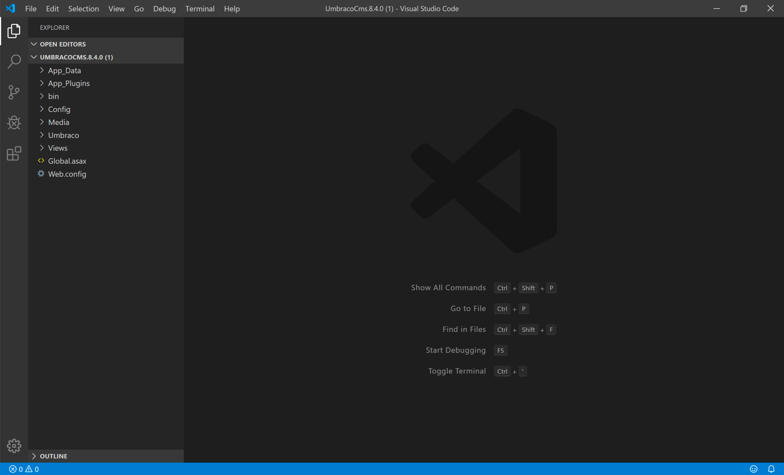 Umbraco root folder is open in VS Code.