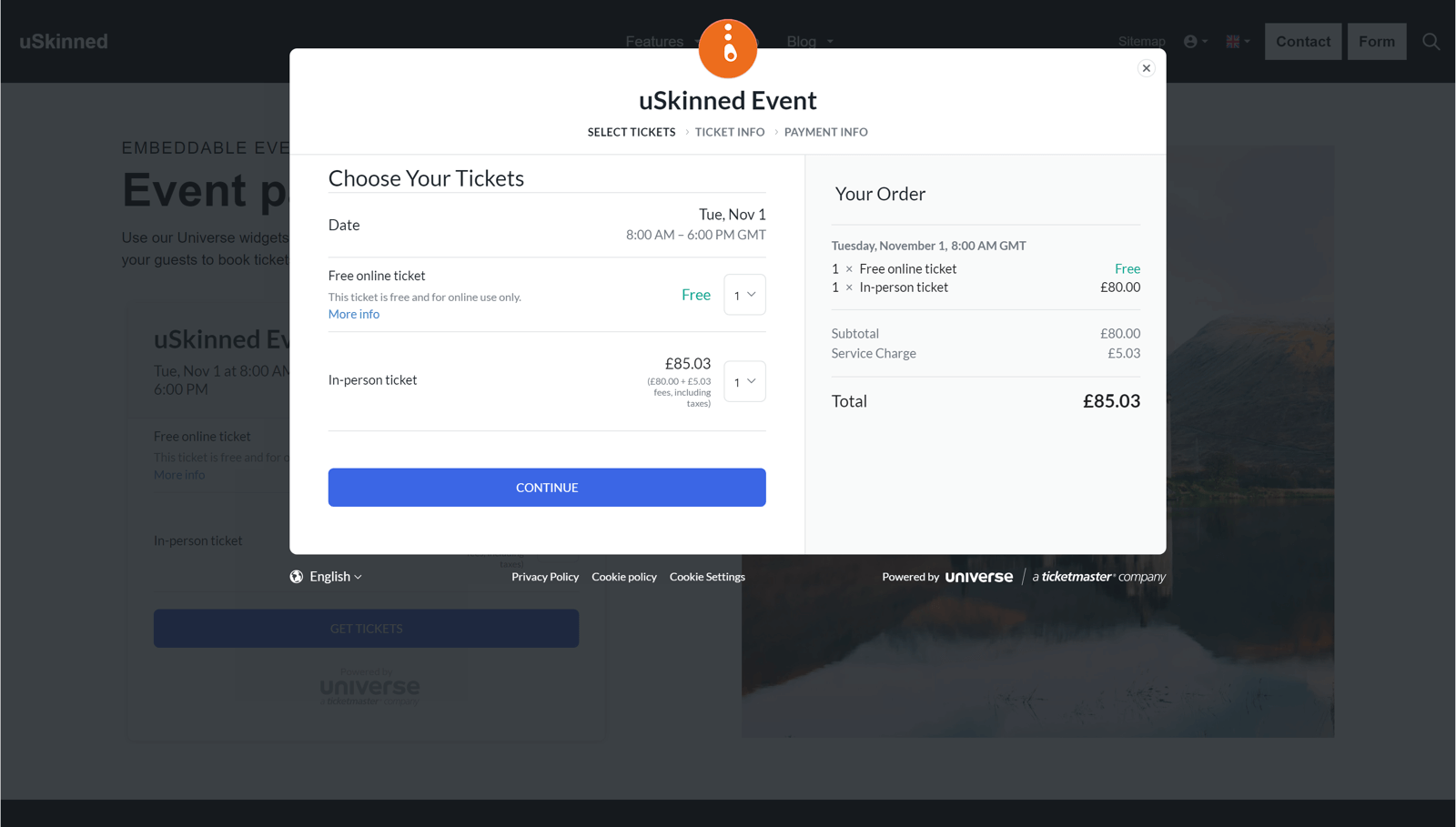 Universe embed overlay basket on uSkinned for Umbraco website.