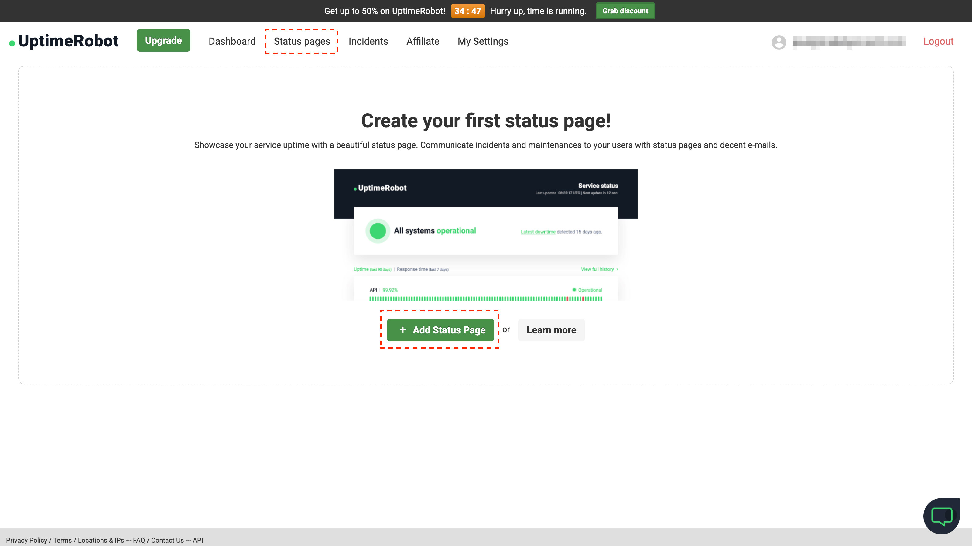 Add a Status page with Uptime Robot.