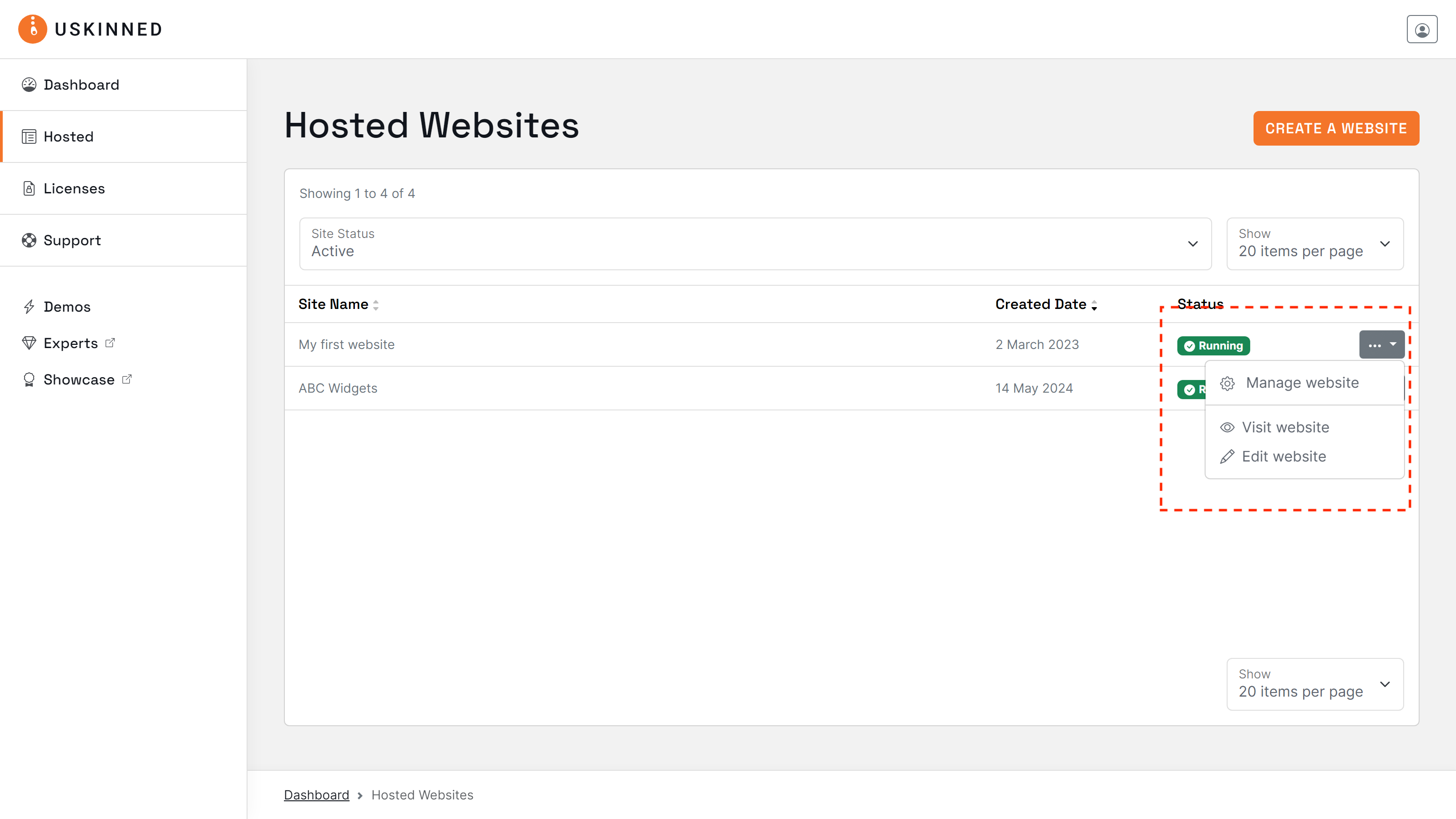 Hosted uSkinned website actions.