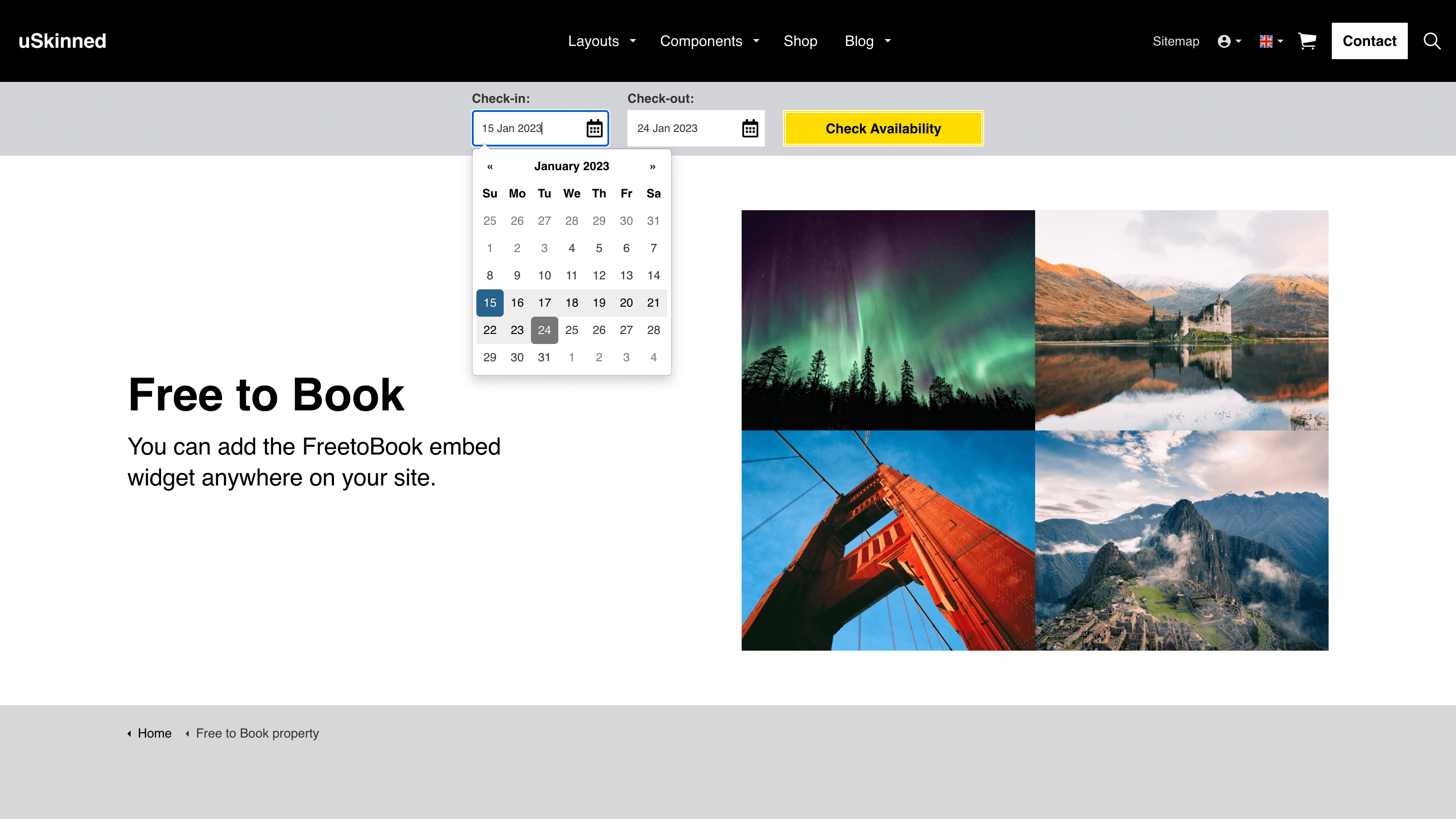 Freetobook widget date dropdowns on frontend of uSkinned powered website.