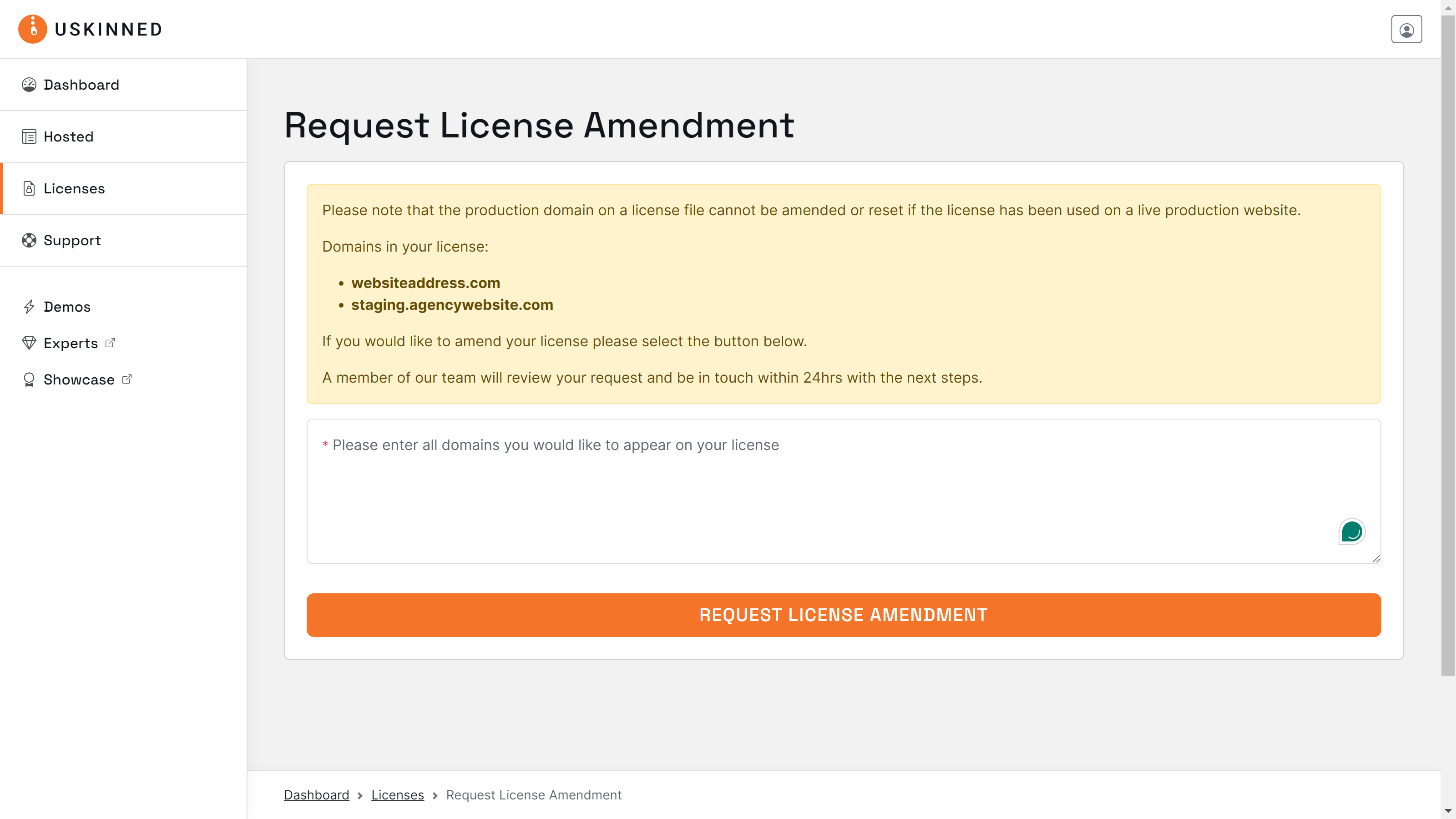 Amend a uSkinned license form.