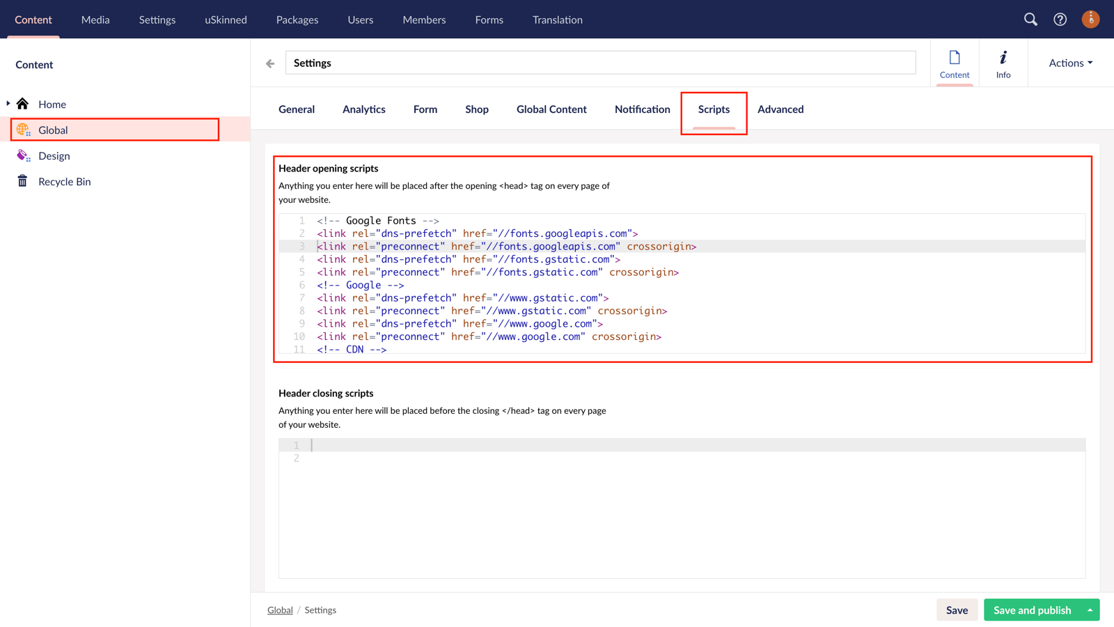 Resource hints added to uSkinned for Umbraco.