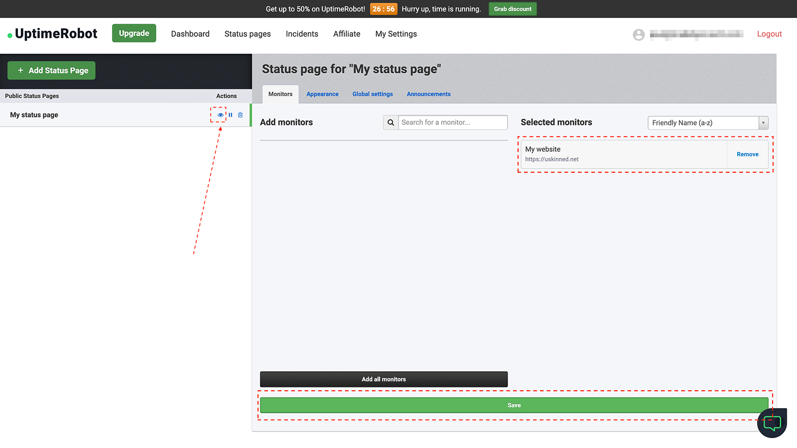 Save and view a status page with Uptime Robot.