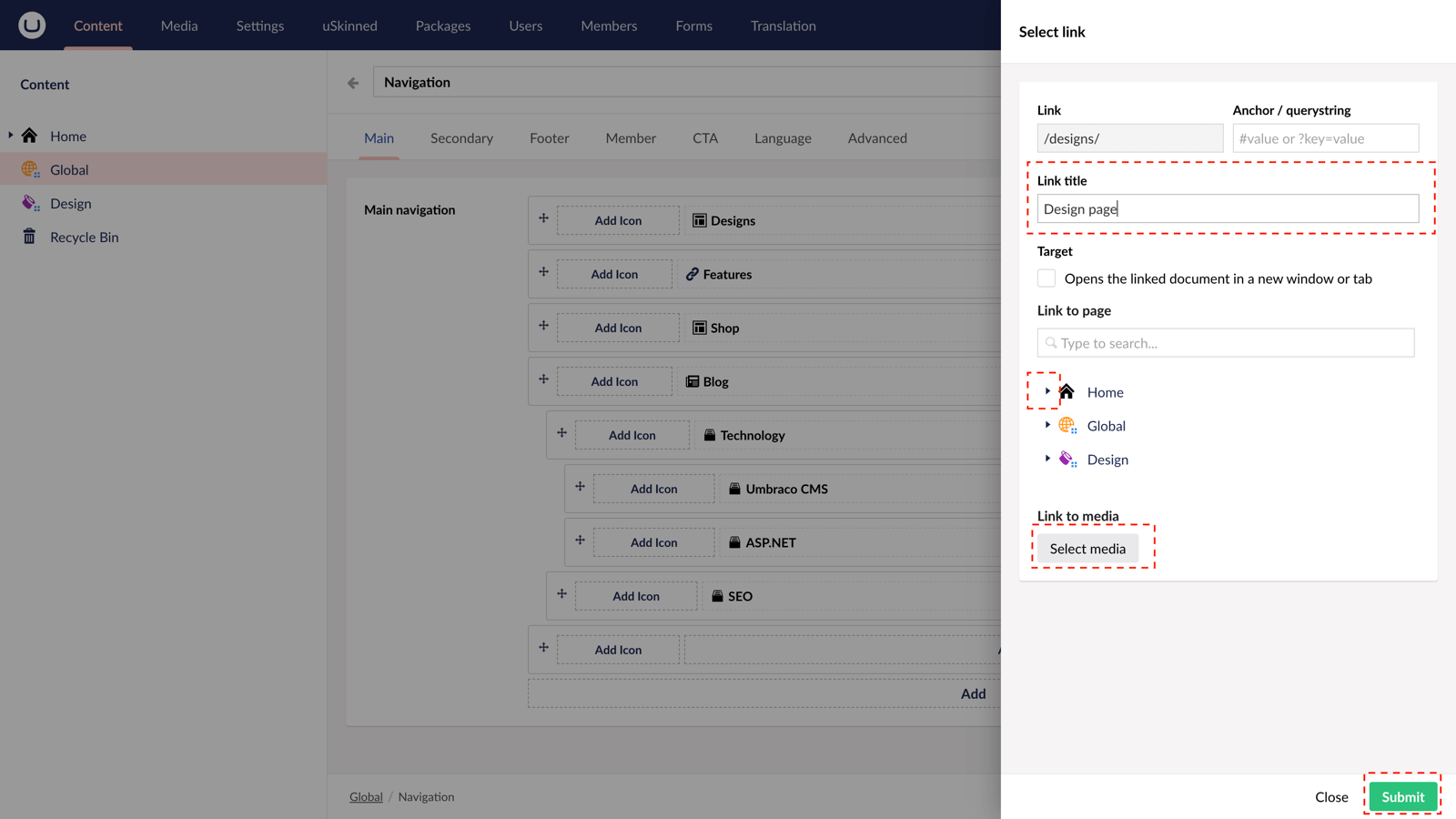 Edit links on your navigation in uSkinned for Umbraco.