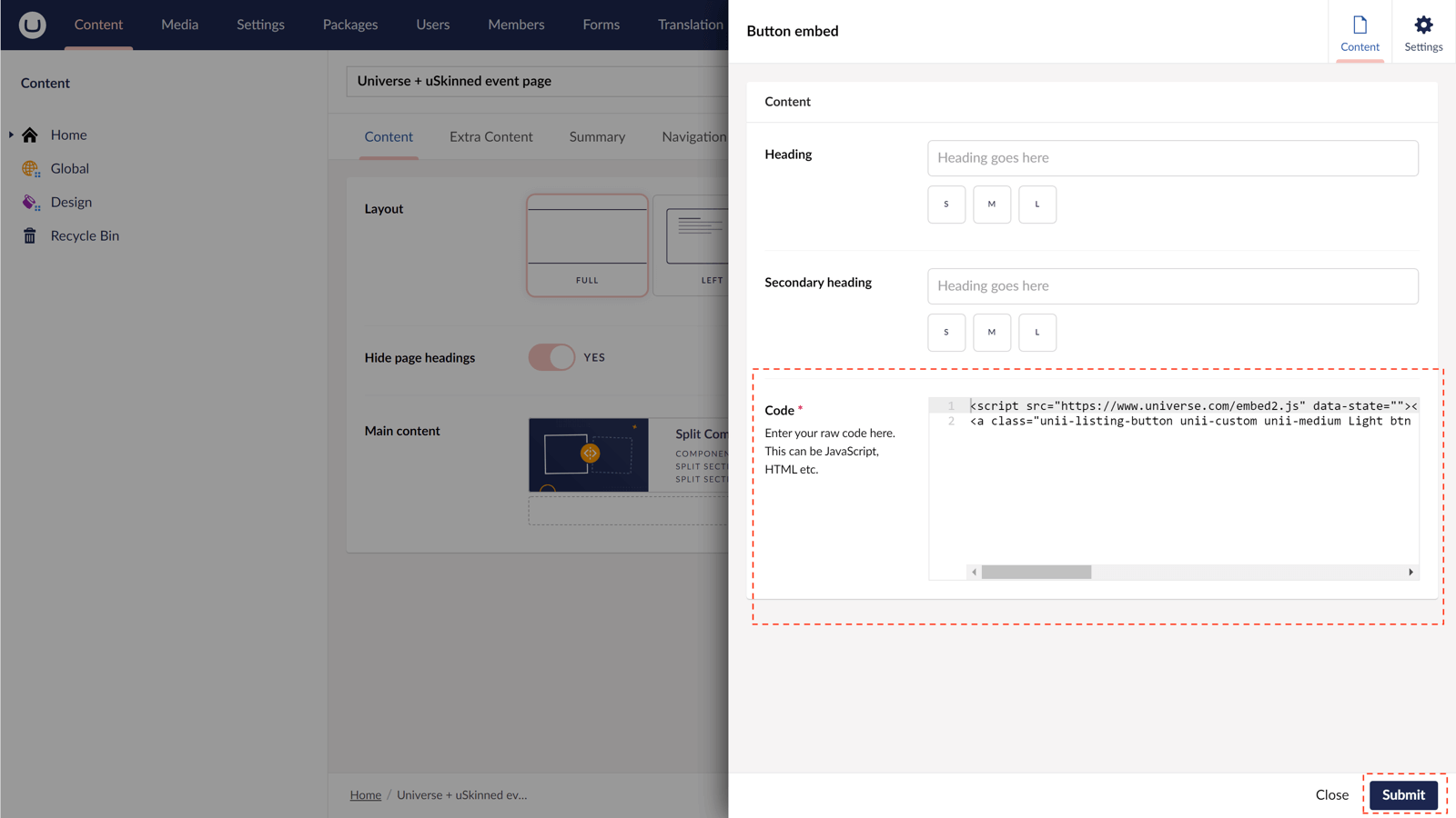 Universe button embed code in uSkinned for Umbraco CMS.