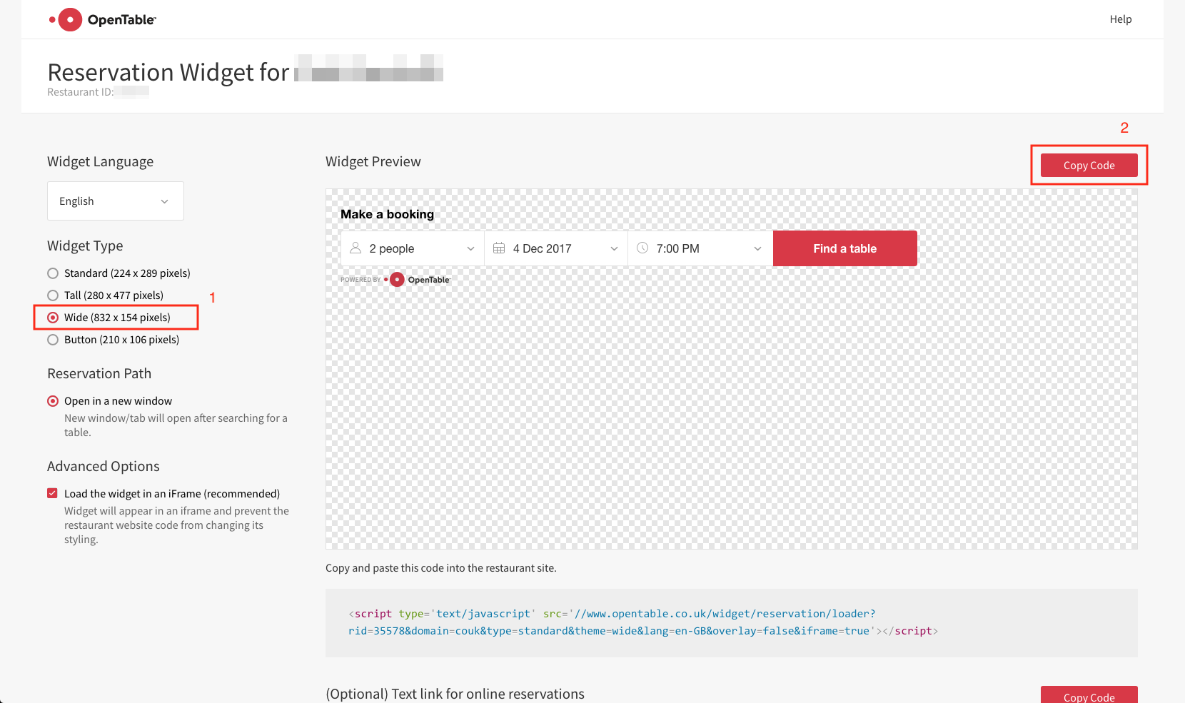 Configure and copy the embed code provided by Open Table.