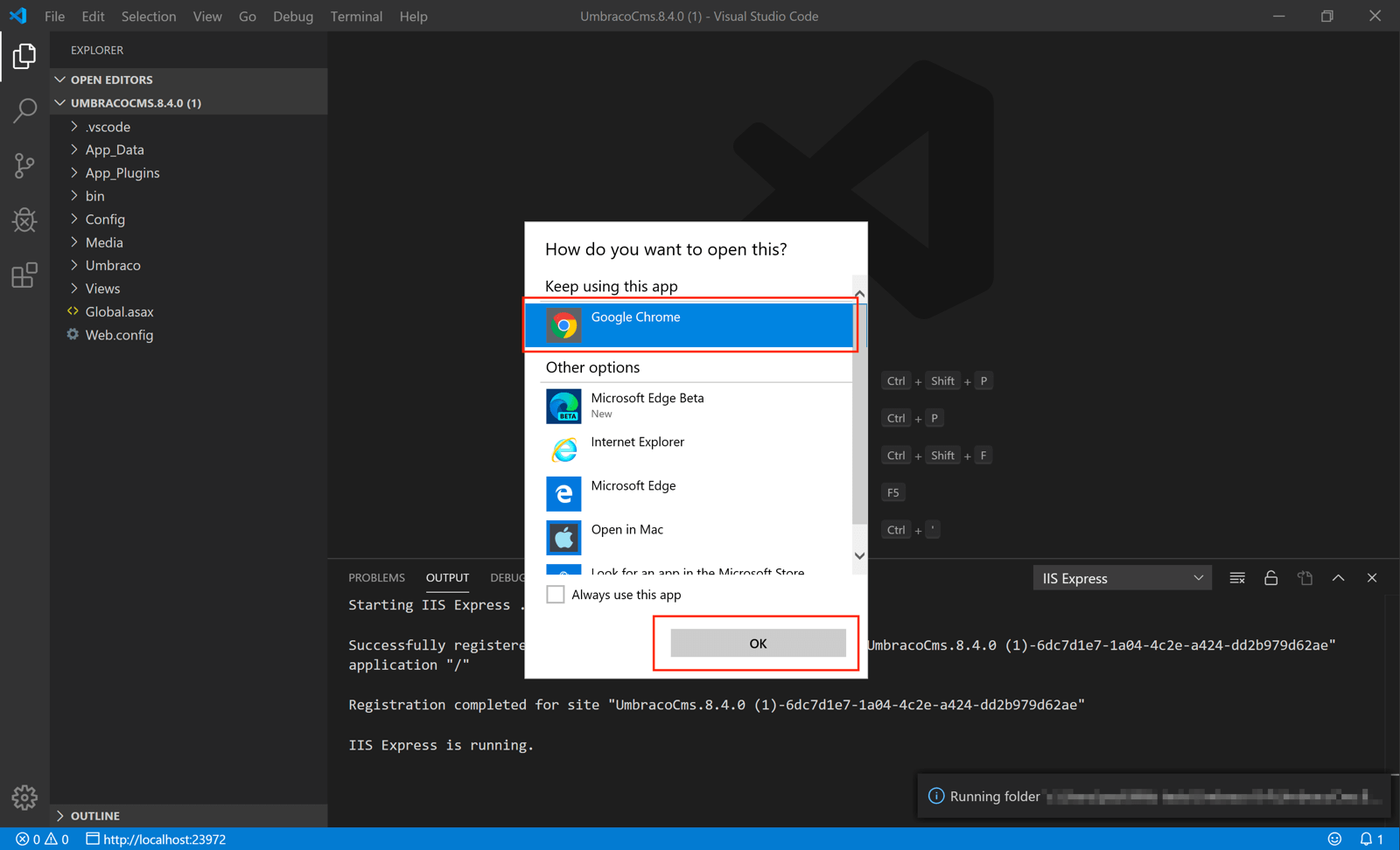 Run IIS Express to launch Umbraco from VS Code.