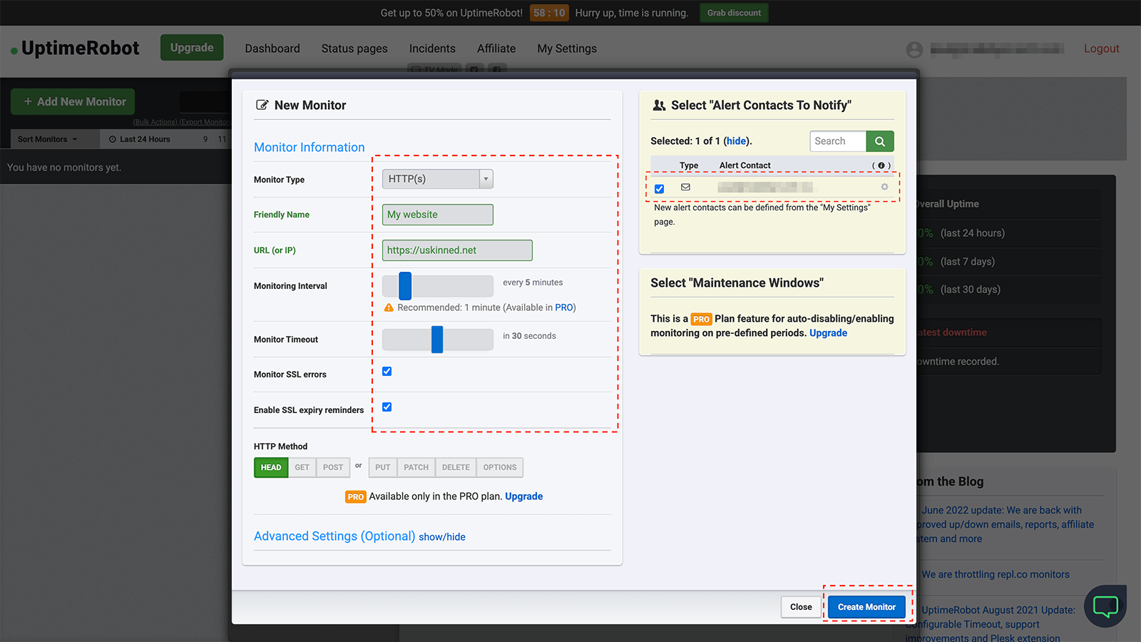 Setup a new Monitor with Uptime Robot.