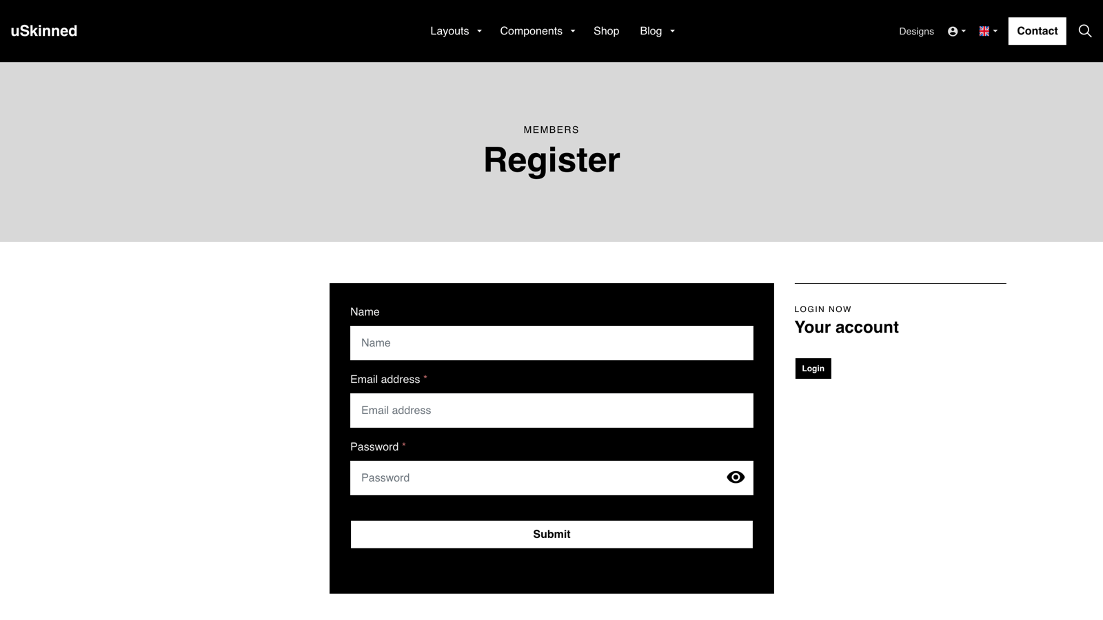 Member registration form on website powered by uSkinned for Umbraco.