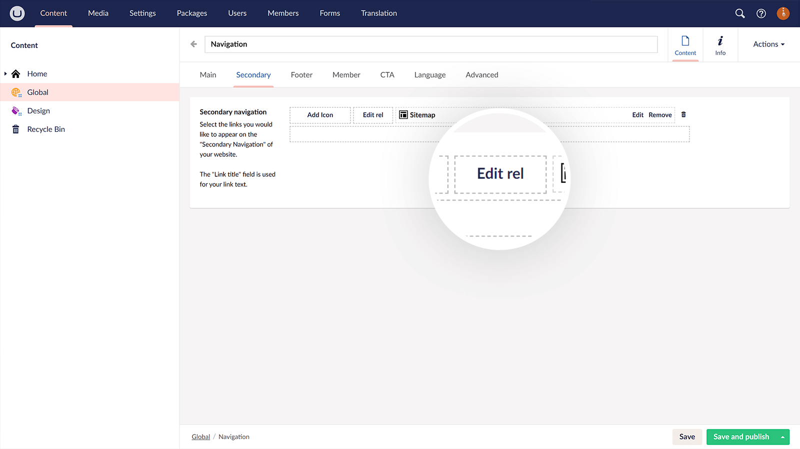 Edit rel attribute values with uSkinned for Umbraco.