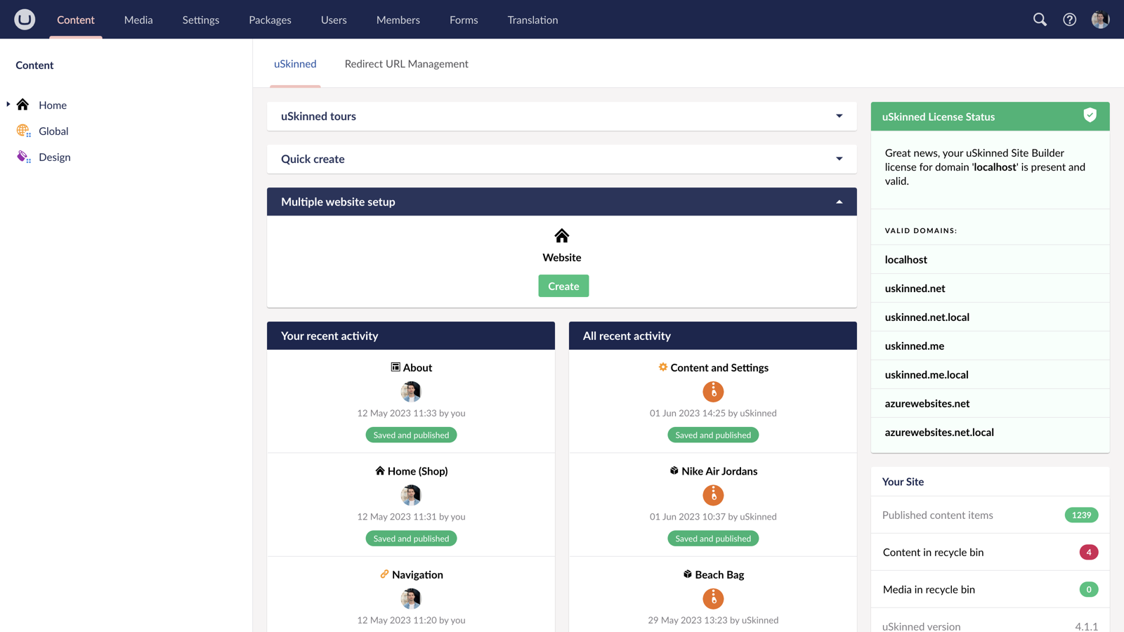 uSkinned for Umbraco activity and quick creation dashboard.