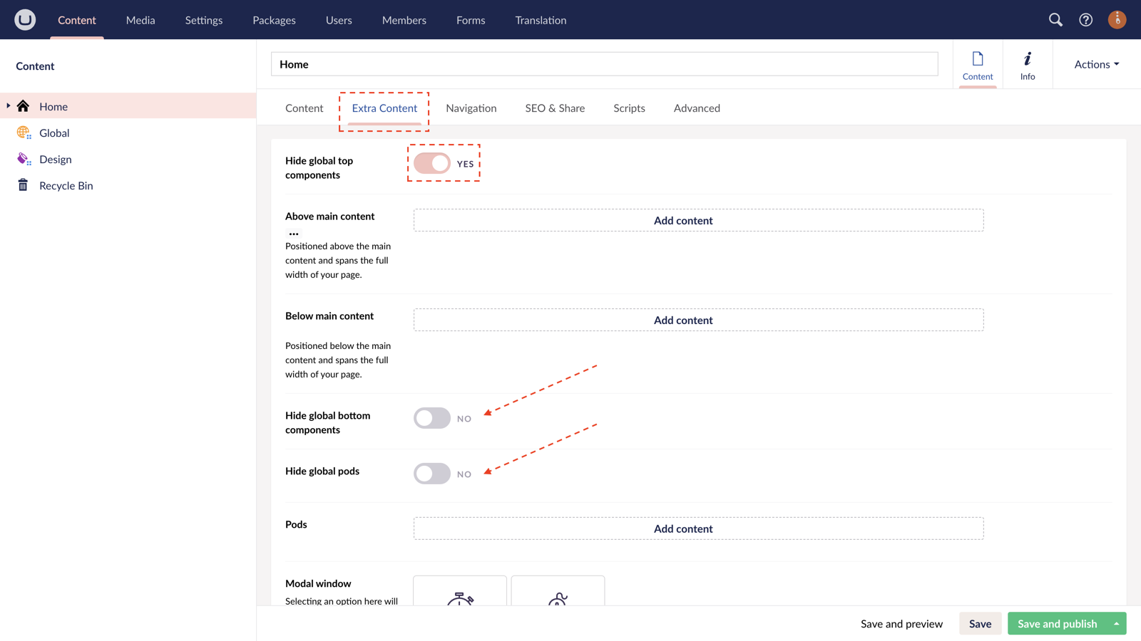 Hide global content in uSkinned for Umbraco.