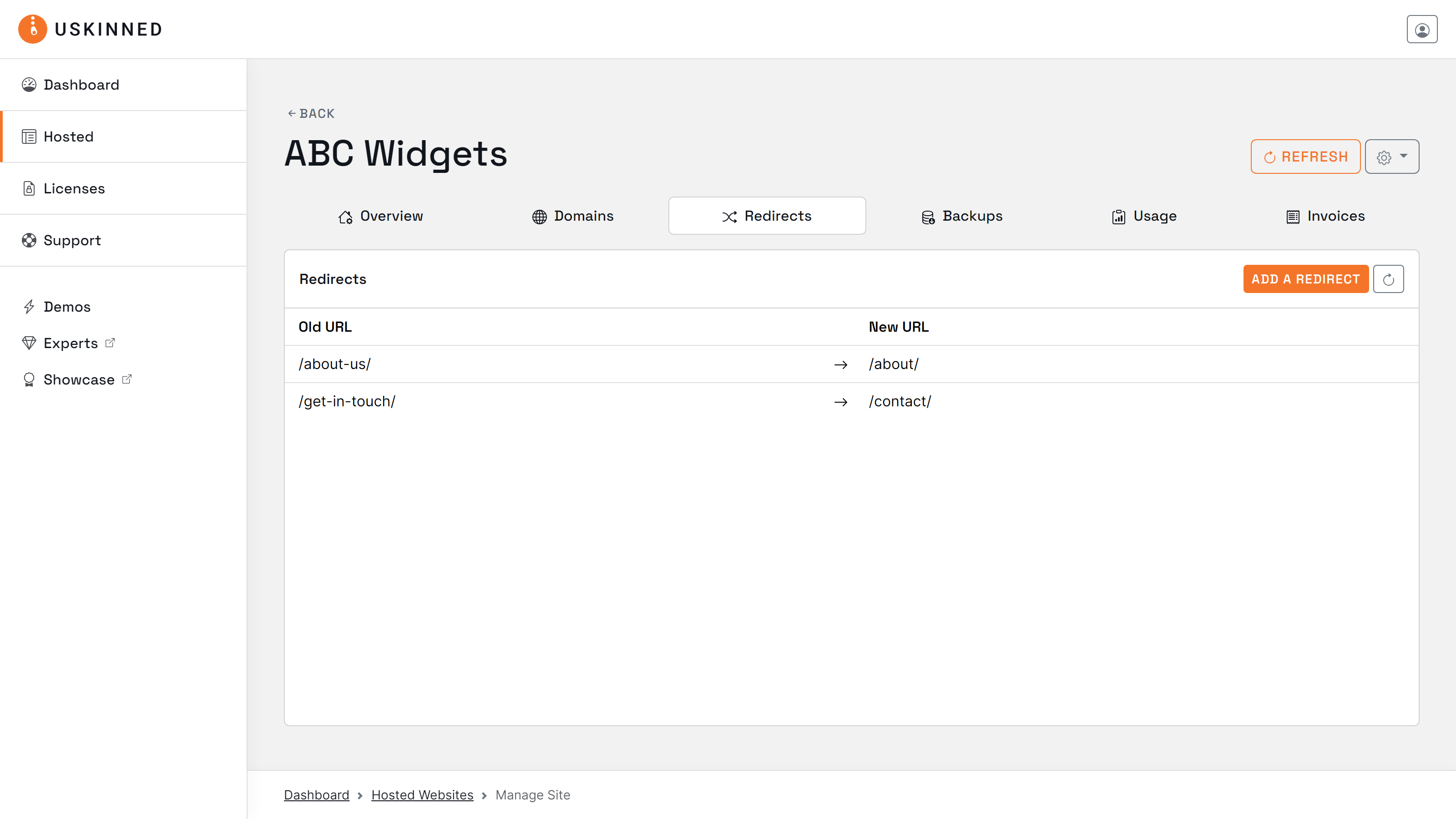 Hosted uSkinned website redirect management.