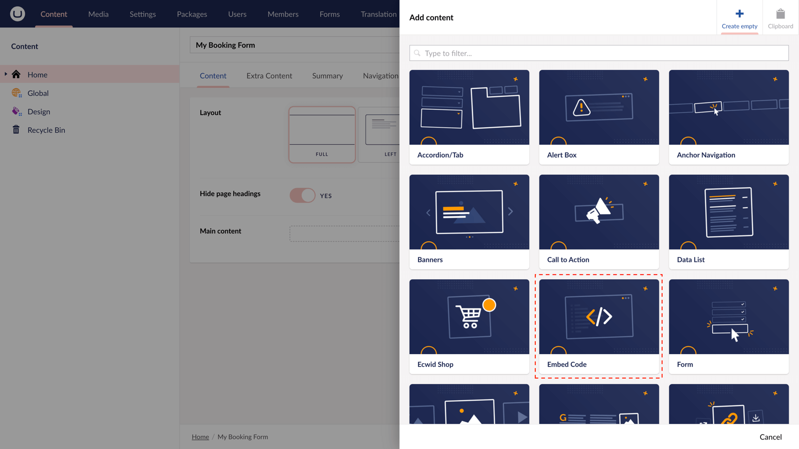 Component options in uSkinned for Umbraco.