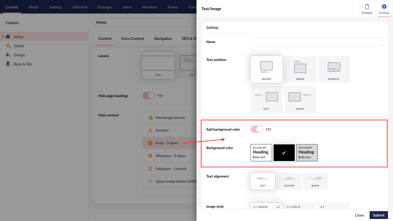 New background color options in uSkinned for Umbraco CMS.