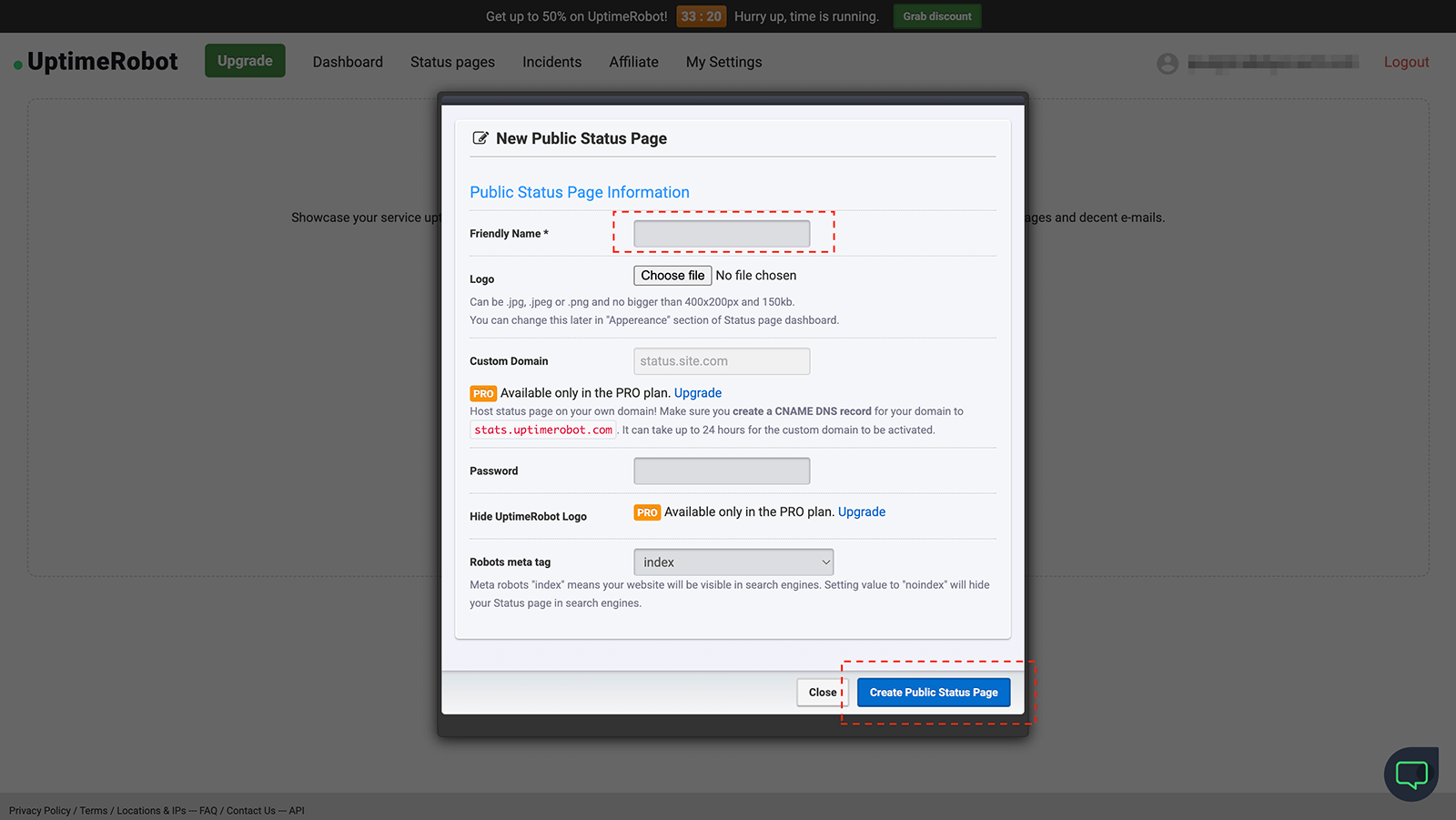 Enter your status page name with Uptime Robot.