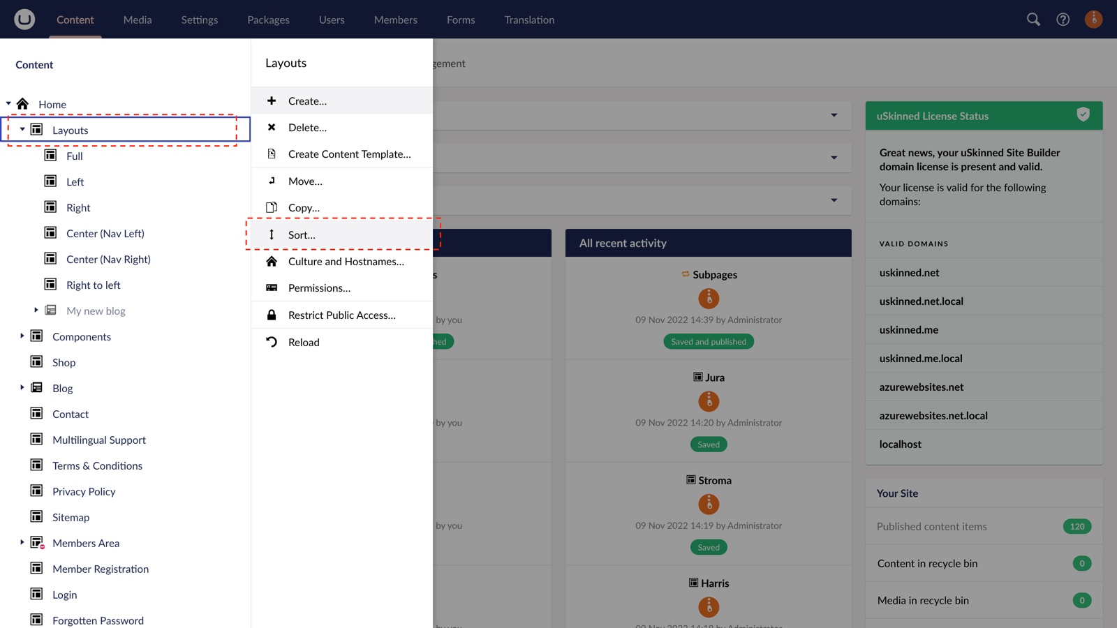 Sort the order of any node in uSkinned for Umbraco CMS.