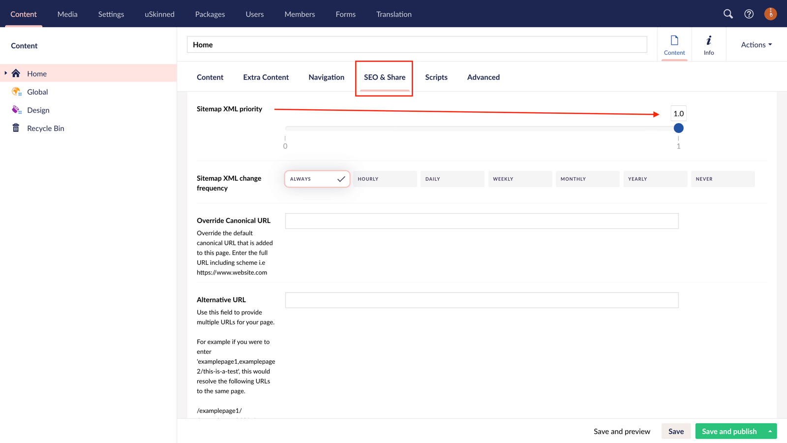 XML sitemap priority for search engines in Umbraco CMS.