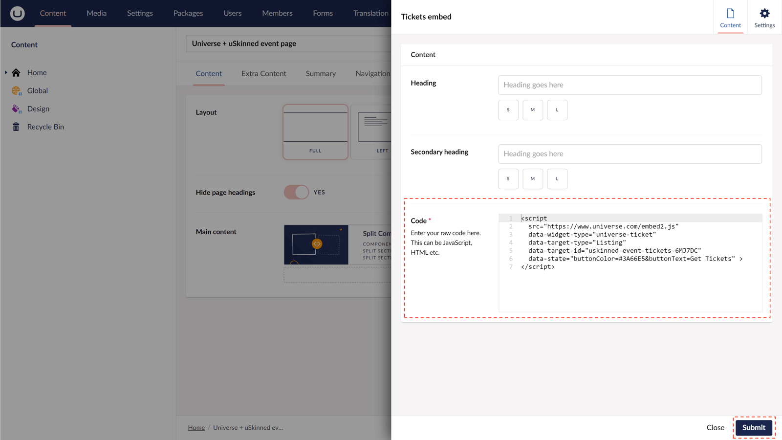 Universe tickets embed code in uSkinned for Umbraco CMS.