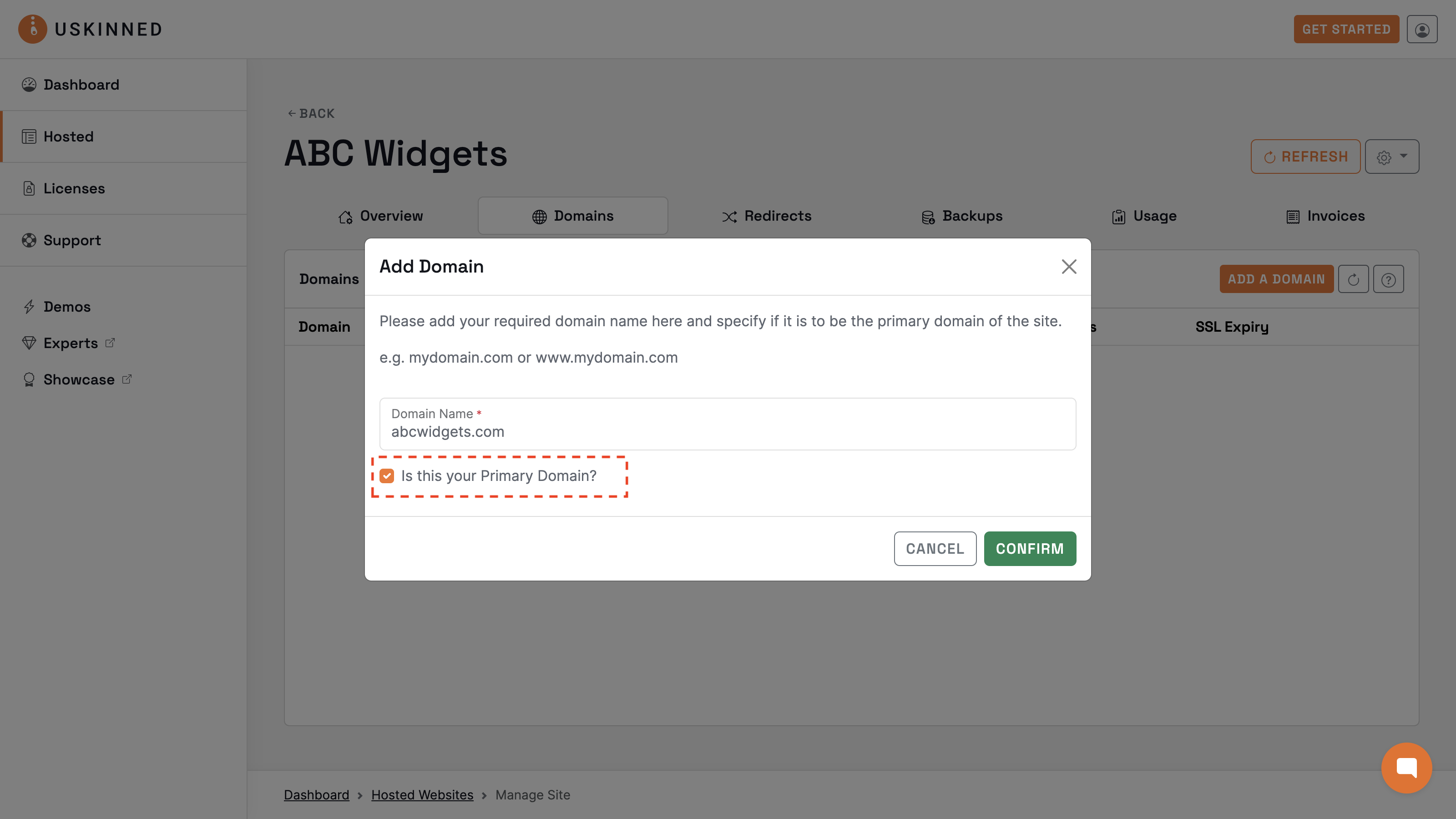 Add a primary domain to uSkinned Hosting.