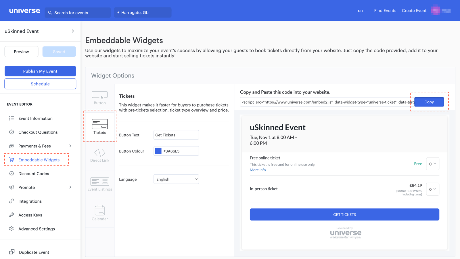 Embed event ticket options from Universe into uSkinned for Umbraco website.