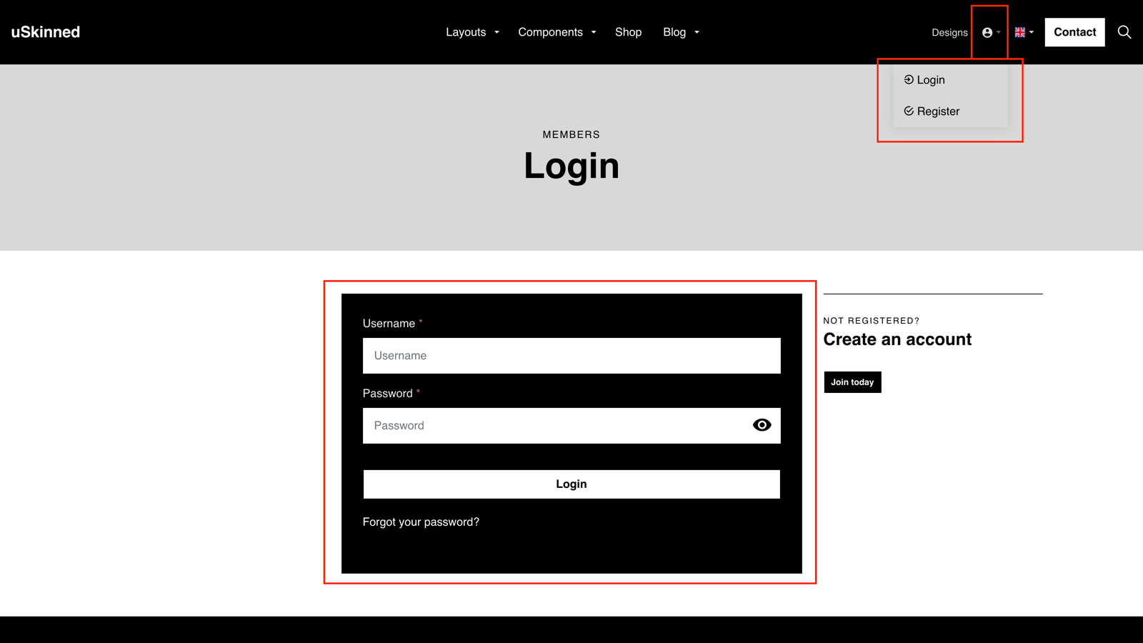 Login form for restricted content in uSkinned for Umbraco.