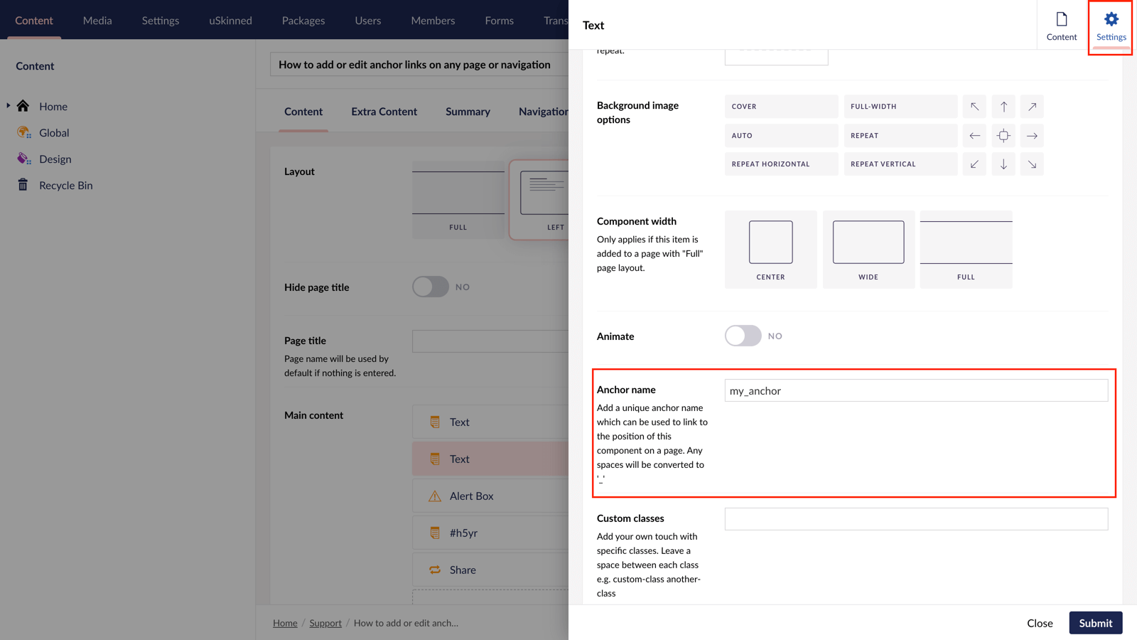 Add a unique anchor ID to a modular component on any page in Umbraco.