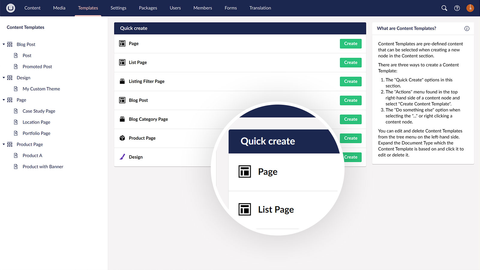 Quick Create Templates in uSkinned for Umbraco.