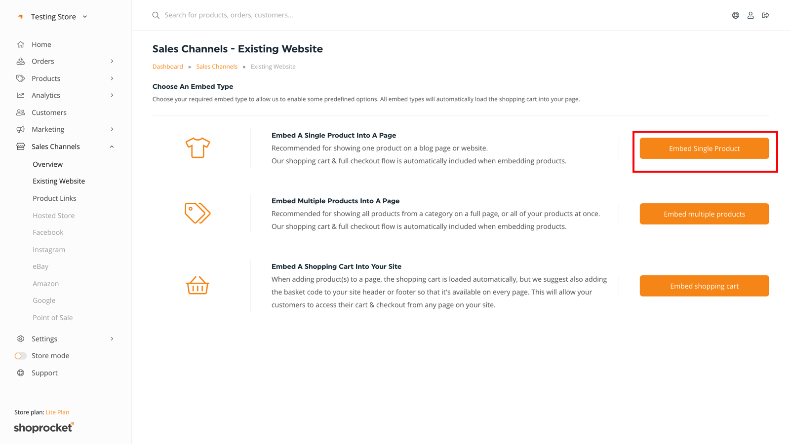 Sales channel options for single product in Shoprocket.