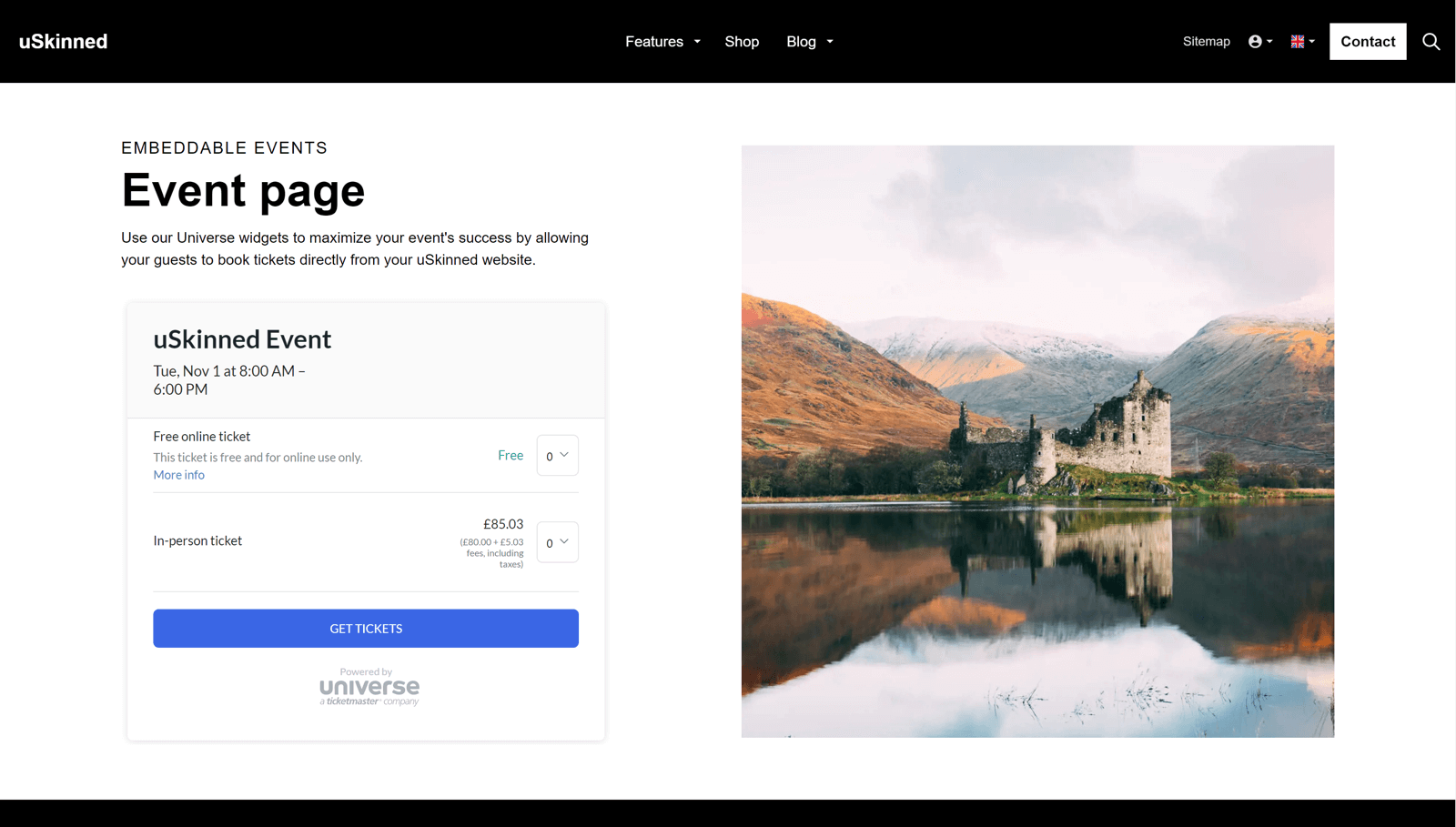 Universe embed ticket options on uSkinned for Umbraco website.